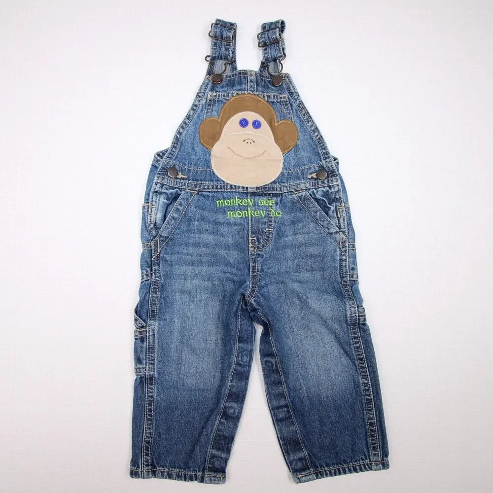OshKosh B'Gosh Baby Boy Size 12 Months Monkey See Monkey Do Blue Denim Overalls